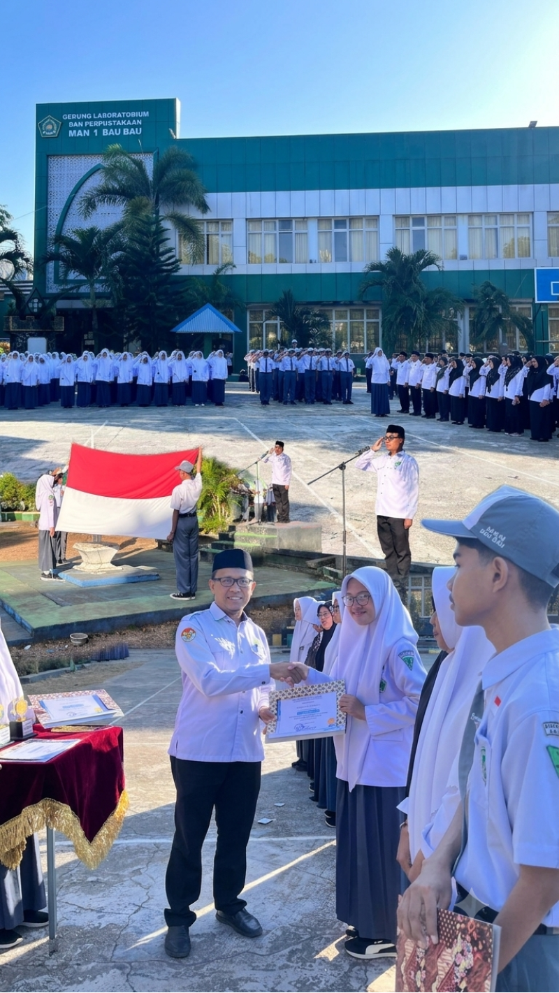 MAN 1 Baubau Gelar Upacara Bendera Perdana Sekaligus Beri Penghargaan  Siswa Berprestasi 
